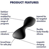 The Satisfyer Trendsetter Anal Vibrator in Black, by Satisfyer, features a sleek design with labeled elements: a tapered tip for precise stimulation, a flexible silicone body that's skin-safe, a magnetic charging connection for convenience, and a broad base to ensure safety during use. Customize the vibrations and discover various programs using the Satisfyer Connect app.